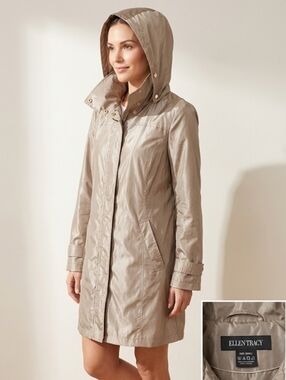 Ellen Tracy Metallic Champagne Hooded Rain Trench Coat - Small